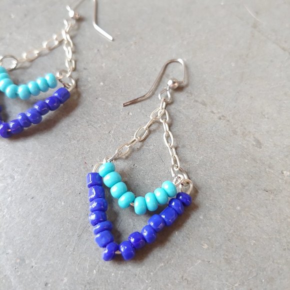 Handmade Boho Purple and Blue Fringe and Bead Dangle Earrings Set - Picture 8 of 12